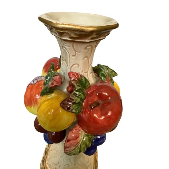 Vintage Ceramic Fruit Embellished Vase 9” – Tuscan Majolica Style Decor - Picture 3 of 5